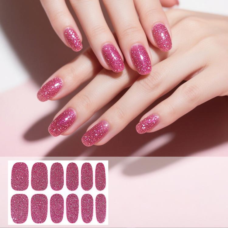 Waterproof glitter nail stickers, magenta pink solid color, 12 per sheet