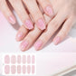 Pink glitter nail sticker sheet with oval full-coverage decals, worn on nails.