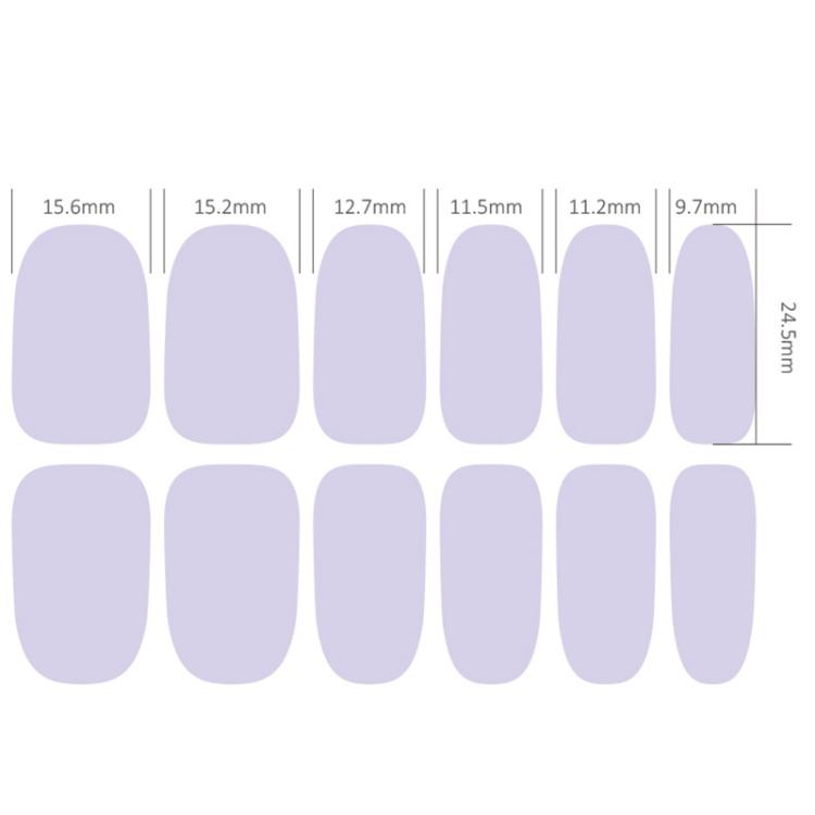 Lavender glitter nail stickers size chart, oval nail decals with measurements.