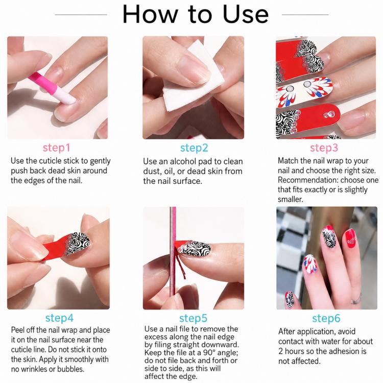 How-to nail sticker application diagram, showing peeling and placing oval decals.