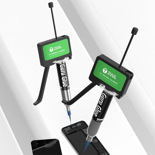Two hand-actuated hot melt glue guns with green control boxes and blue tips