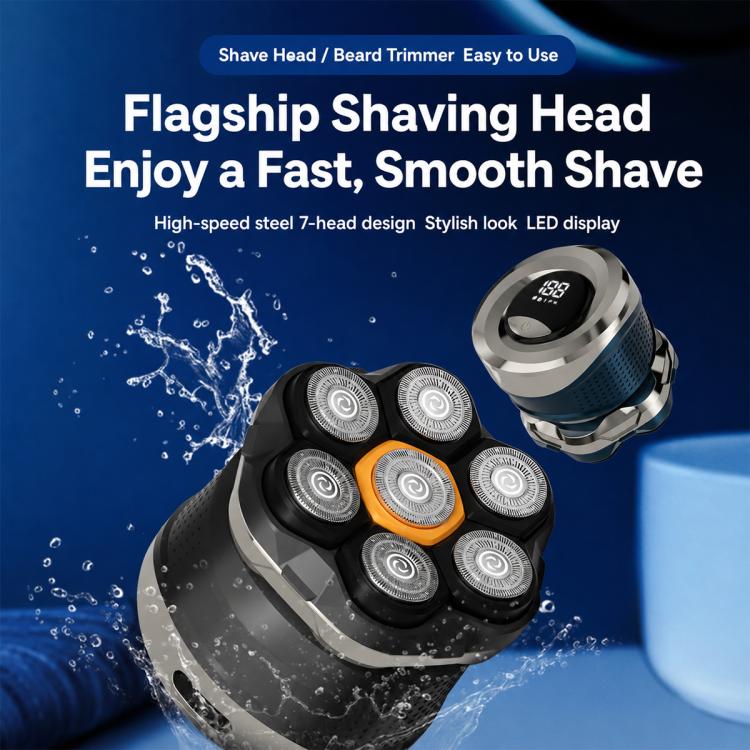 Shaver head with six circular foils and one orange trimmer module