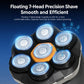 Precision floating shaver head with six circular foils and an angled trimmer