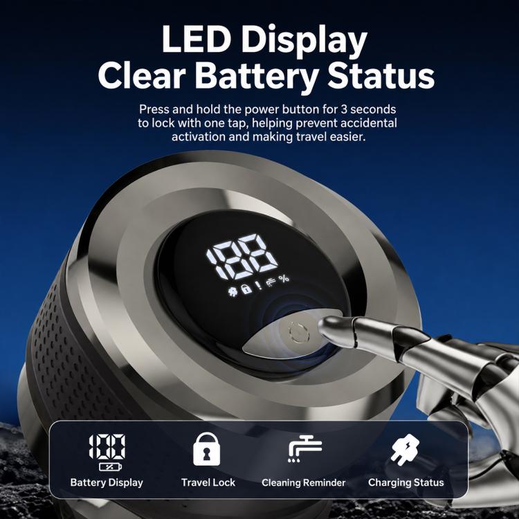 Electric shaver with LED battery status display on the front panel