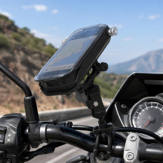 Motorcycle phone holder on handlebar with translucent grey protective cover
