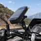 Motorcycle phone holder on handlebar, translucent grey cover with visible map screen