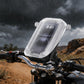 Motorcycle phone holder with translucent cover and phone screen on handlebar mount