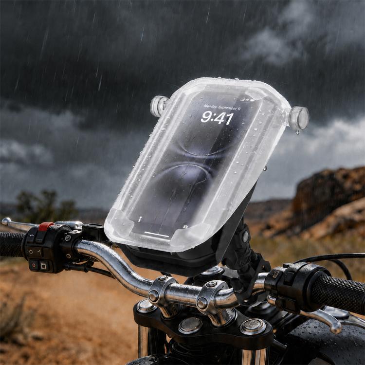 Motorcycle phone holder with translucent cover and phone screen on handlebar mount