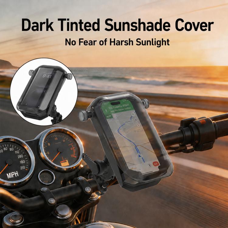 Motorcycle phone holder with dark tinted sunshade cover for navigation screen