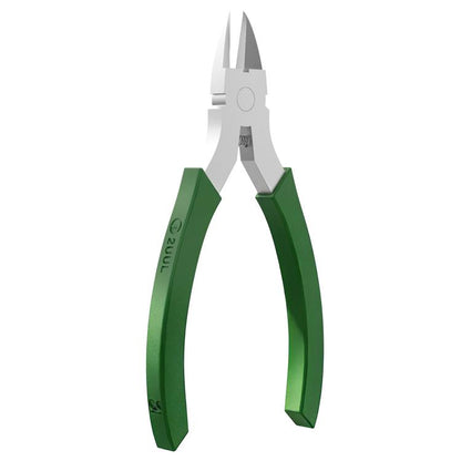 Stainless steel cutting pliers with green handles and pointed jaws