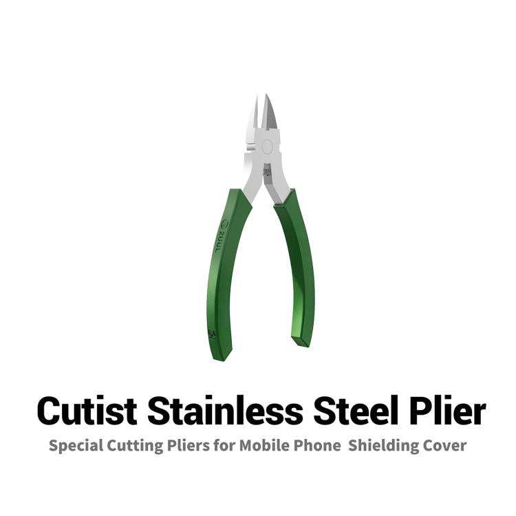 Stainless steel cutting pliers with green grips and narrow tip jaws