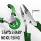 Stainless steel cutting pliers with green insulated handles and sharp tips
