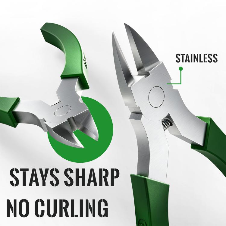 Stainless steel cutting pliers with green insulated handles and sharp tips