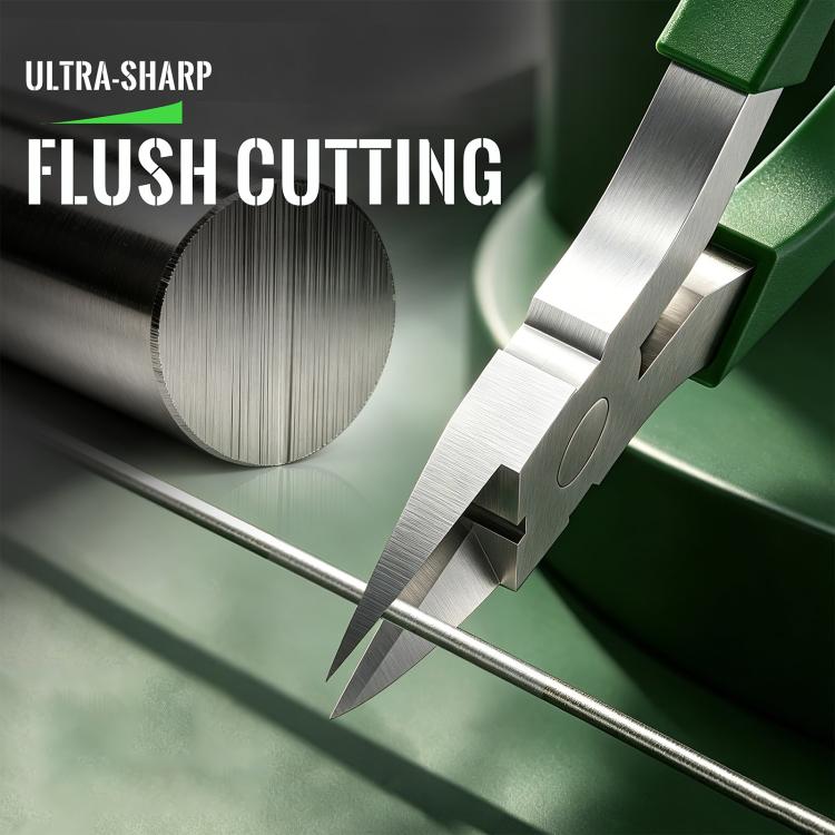 Stainless steel flush-cut pliers gripping a metal rod