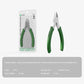Stainless steel cutting pliers with green handles shown with product packaging