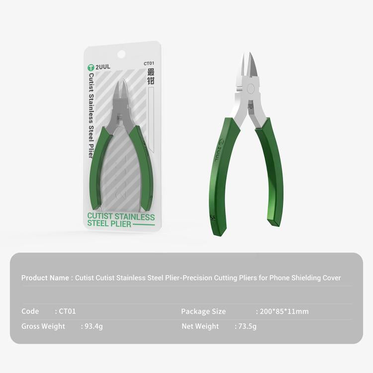 Stainless steel cutting pliers with green handles shown with product packaging