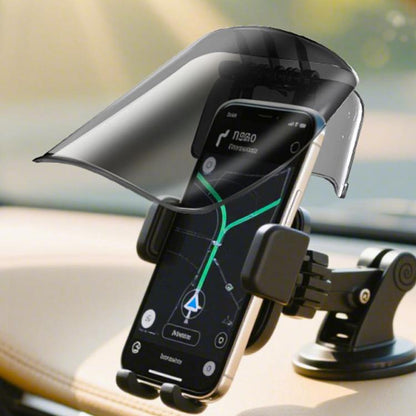 Hat-style car phone holder with dark sunshade, adjustable clamp and mount base