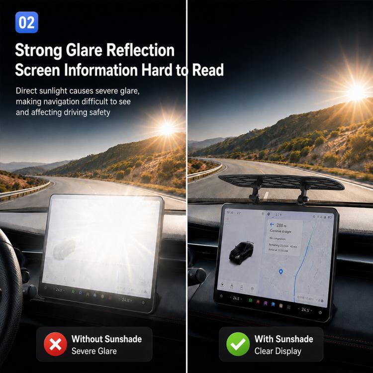 Adjustable screen sunshade visor reducing glare on car infotainment display