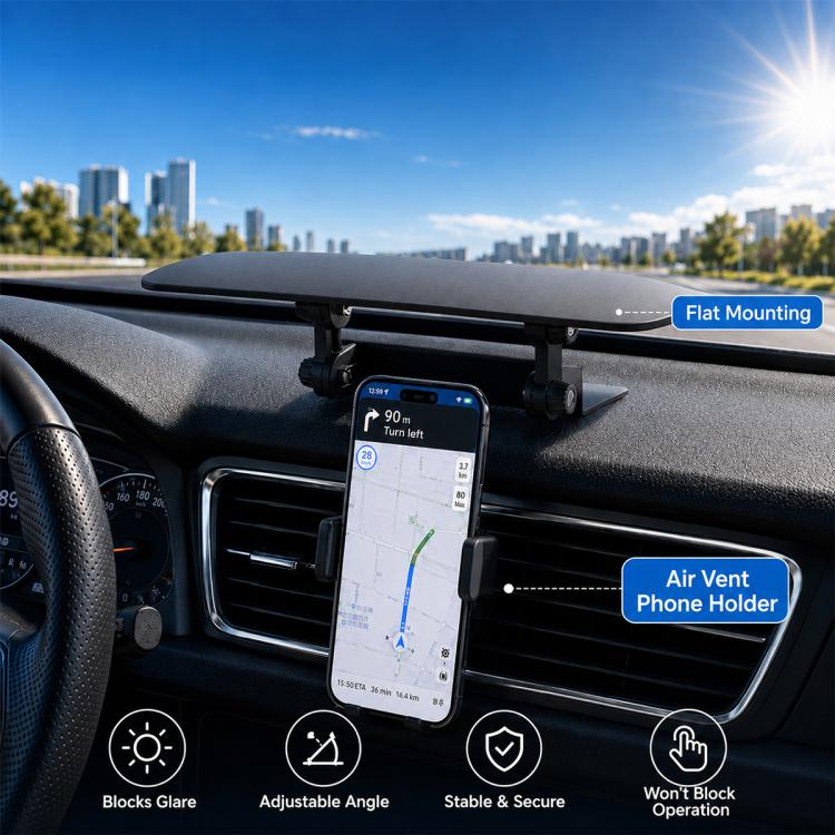 Car center console sunshade with phone holder and air-vent mount, adjustable angle