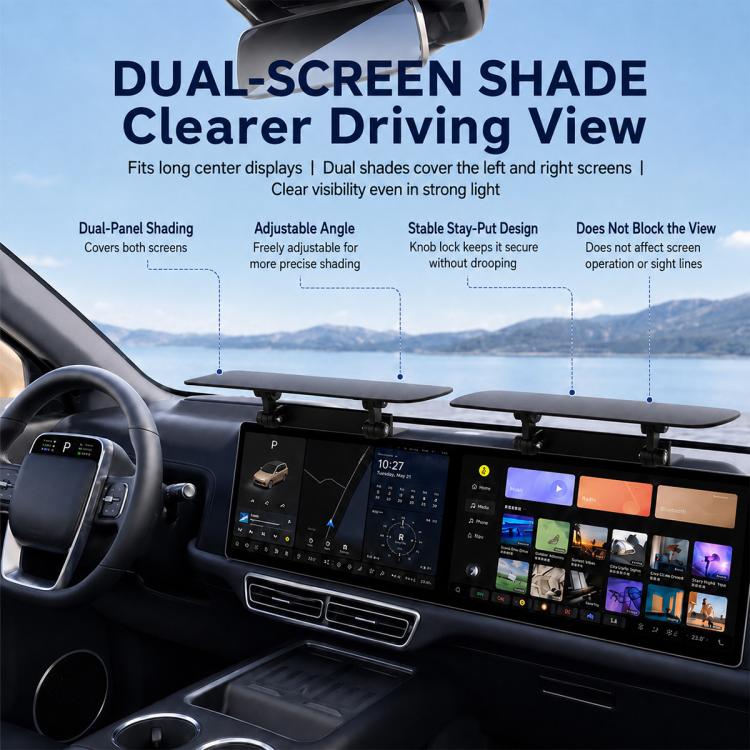 Dual-screen car display sunshade with two adjustable panels for clear driving view