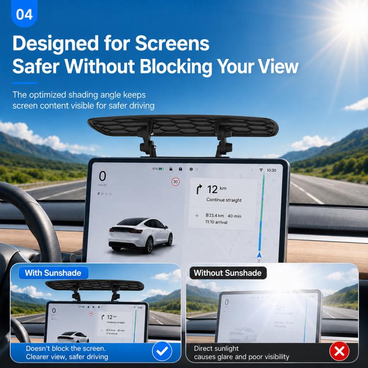 Multi-angle sunshade visor above car screen, designed to prevent view blocking
