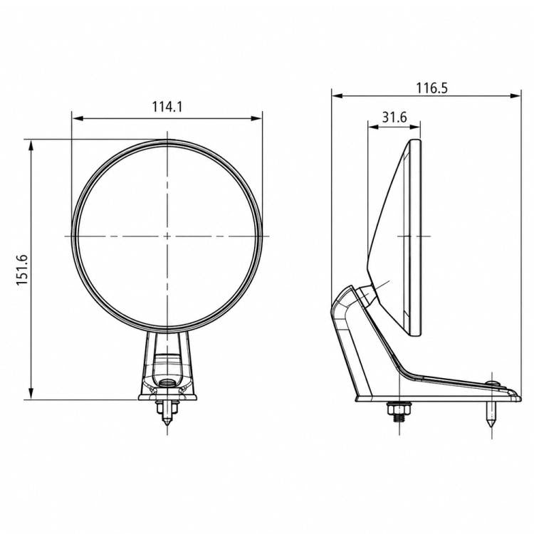 Dimension diagram of round vintage car mirrors with chrome housing and black base