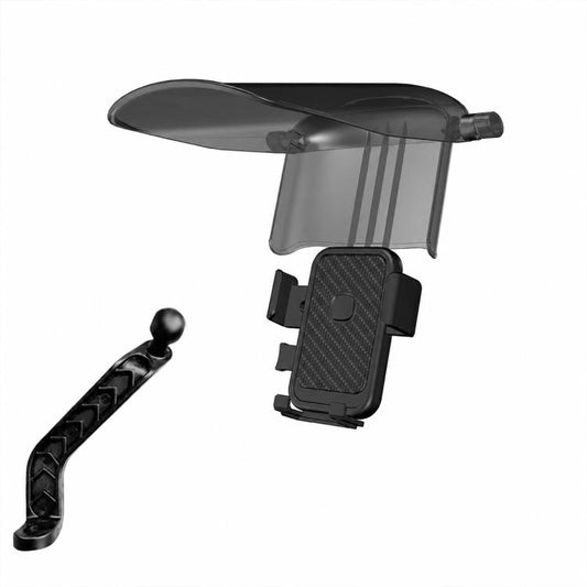 Translucent black sunshade bike phone holder with carbon-texture grip and handlebar clamp
