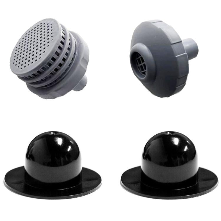 Pool hole plug set: gray strainer, threaded plug, and black sealing caps