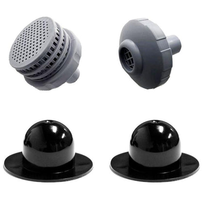 Pool hole plug set: gray strainer, threaded plug, and black sealing caps