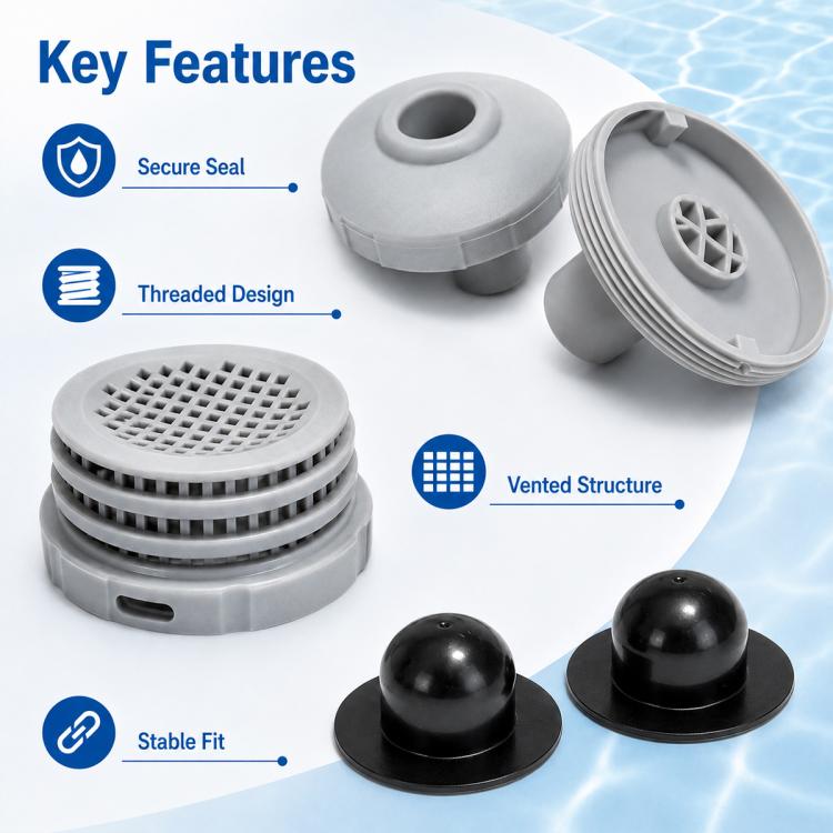 Pool inlet plug set with vented gray strainer and black sealing stoppers