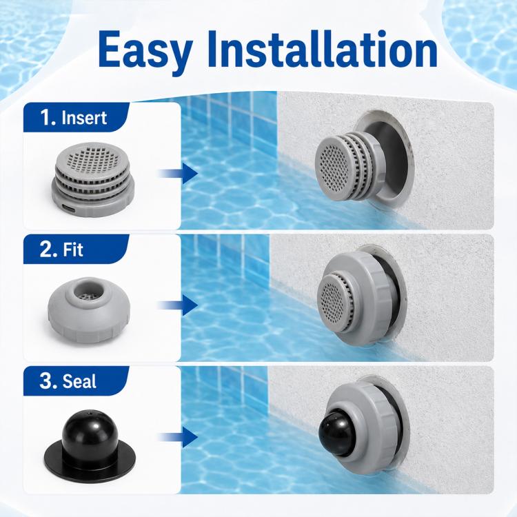Pool hole plug set showing insertion, fit, and seal with gray plugs and black caps