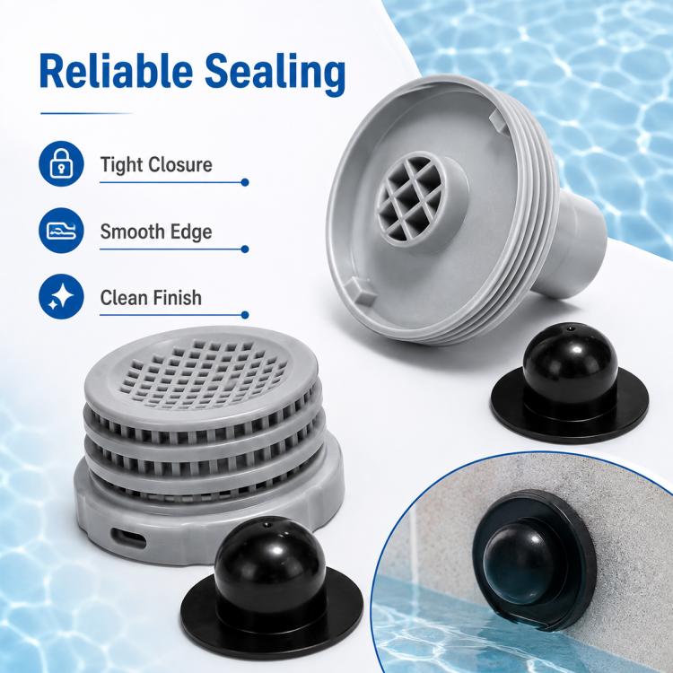 Gray pool strainer plug with threaded rim and included black sealing caps