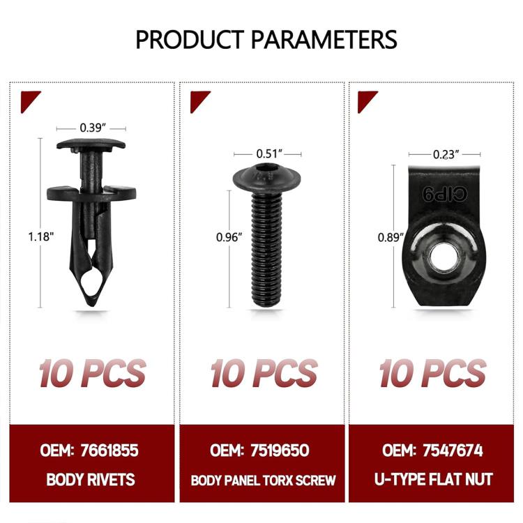 Black U-type flat nut and body rivet fasteners set, 10 pcs