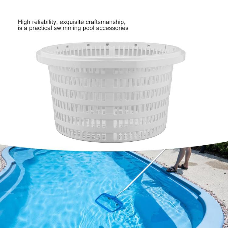 White plastic pool filter basket with open top and hollow perforated walls