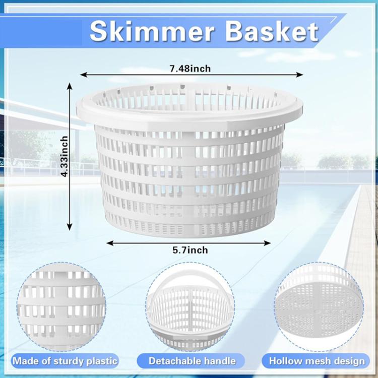White plastic pool skimmer basket with detachable handle and hollow mesh design
