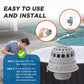 Gray spa filter top debris screen with red ring and threaded base, installation view