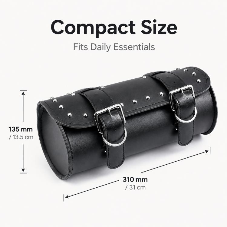 Black leather cylindrical handlebar bag with metal buckle straps and studded trim