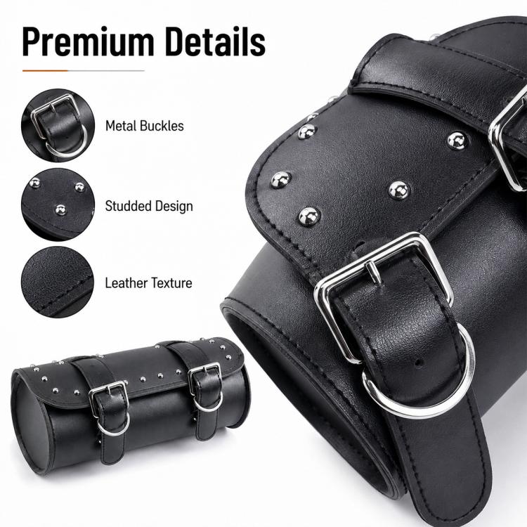 Black leather handlebar bag detail: metal buckles, studded top, and stitched texture