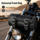 Black leather motorcycle handlebar bag with studded top and two double buckle straps
