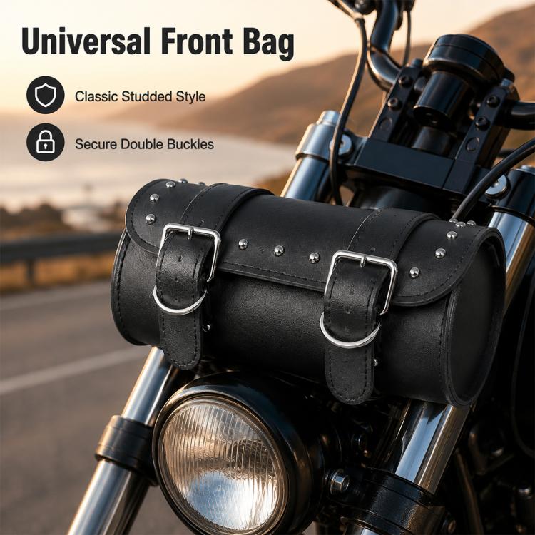 Black leather motorcycle handlebar bag with studded top and two double buckle straps