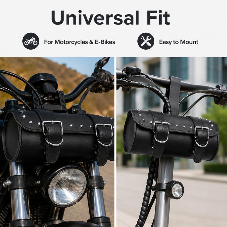 Black leather handlebar hanging bag with buckle straps, shown mounted on a bike handlebar