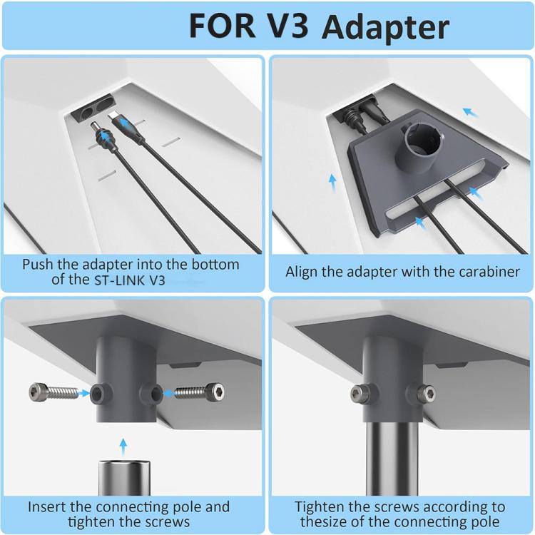 V3 adapter installation diagram showing adapter, screws, and connecting pole