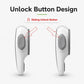 Two white child-proof oven door lock latches showing sliding unlock button design