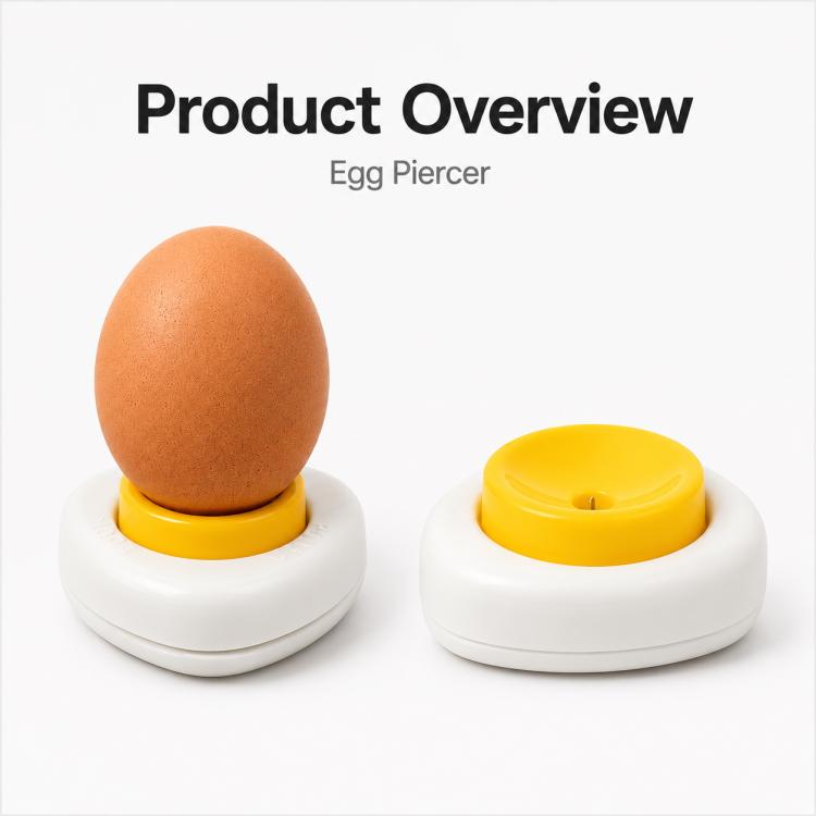 Yellow egg piercer on white base with egg on top