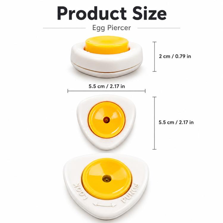 Egg piercer set with yellow cap on white base, shown with size view