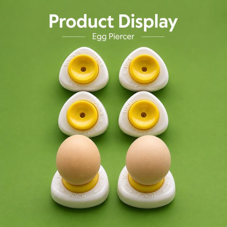 Four egg piercers with yellow caps and two eggs on white bases