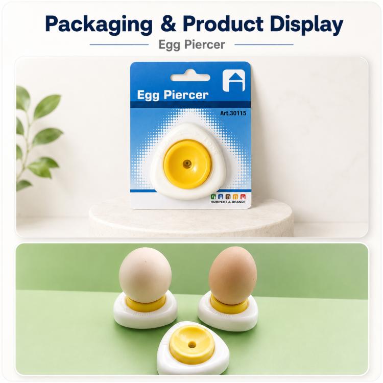 Egg piercer packaging and product display with yellow cap and eggs