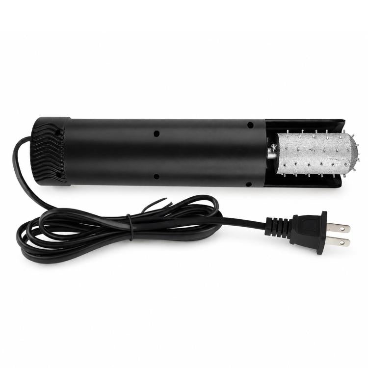 Gray handheld electric coconut scraper with serrated drum and black power cord