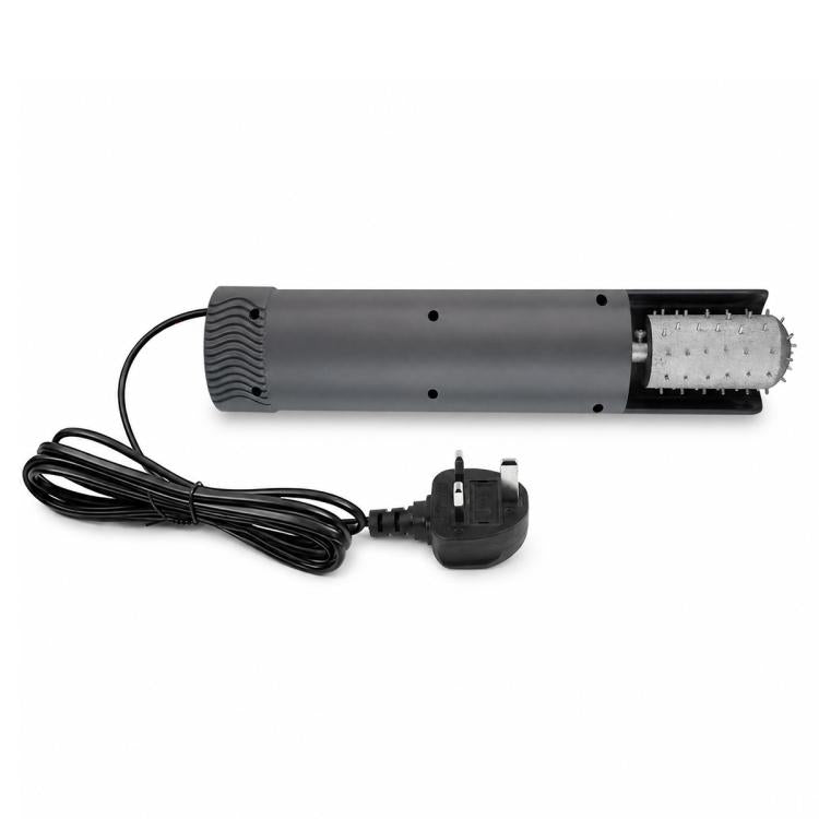 Gray handheld electric coconut scraper with serrated drum and power cord with 2-prong plug