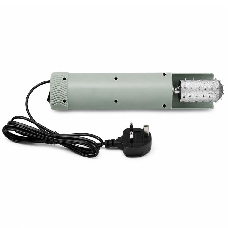 Green handheld electric coconut scraper with serrated drum and black power cord with 2-prong plug